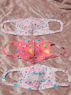 Cute Pink Unicorns And Owls Cartoon Face Masks  For Kids Set Of 3 Washable